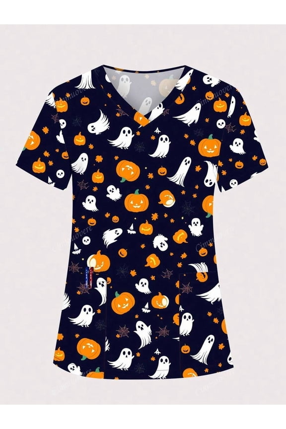 Women's Halloween Print V-Neck Multi-Pocket Scrubs Nurse Scrubs Workwear Dentist Healthcare Pet Hospital Laboratory Uniform Top