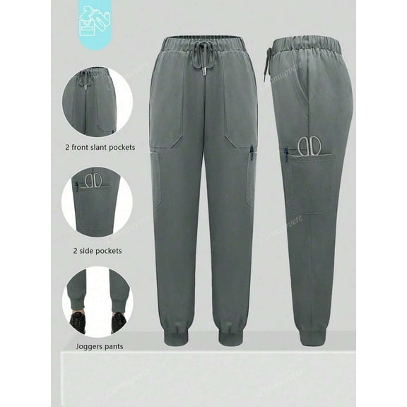 Cimmuovere Women's Scrubs Pants With Multiple Pockets, Drawstring, Ribbed Hem, Solid Color Nurse Scrubs Workwear For Dentist, Healthcare, Pet Hospital, Laboratory