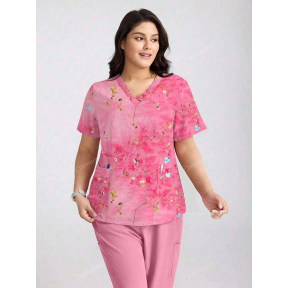 Cimmuovere Women's V-Neck Loose Short Sleeve Cute Print Double Pocket Scrubs Nurse Scrubs Workwear Dentist Healthcare Pet Hospital Laboratory Top