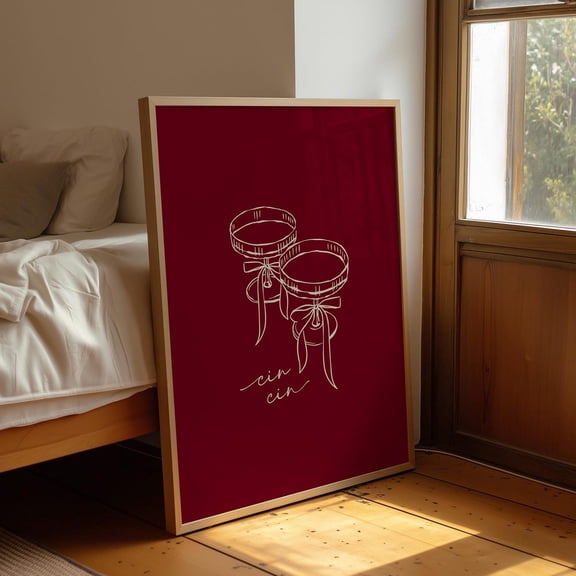 Cin Cin Cocktail Poster Burgundy Kitchen Wall Art Drinks Decor, Unframed Paper Poster 8x10in