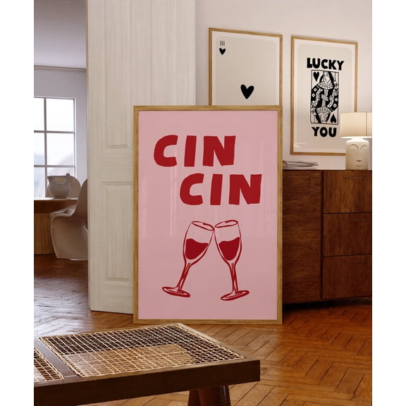 Cin Cin Pink & Red Print, Cheers Print, Italian Kitchen Print, Food And Wine Print, Minimalistic Kitchen Wall Art Home Decor #816, Unframed Poster Size 12x18