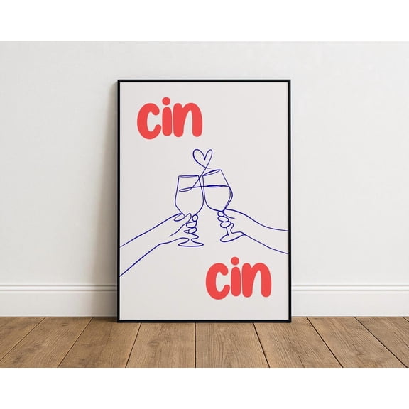 Cin Cin Wine Art Print - Minimalist Line Drawing Cheers Poster, Romantic Wall Decor, Unframed Canvas Size 16x24
