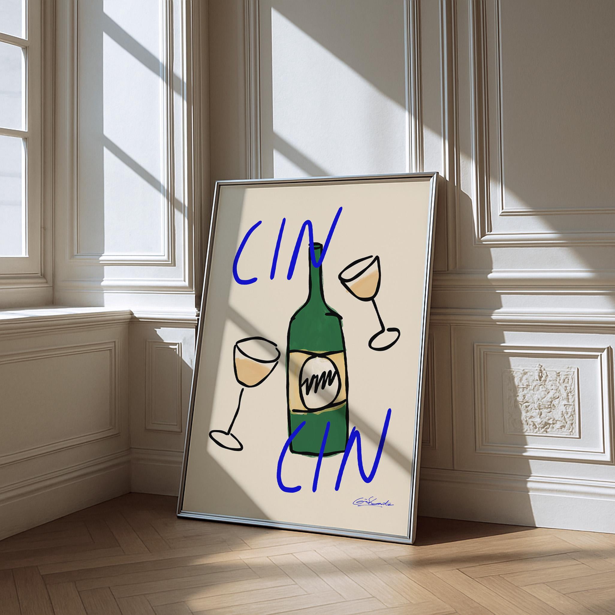 Cin Wine Retro Italian Script Word Art Minimalist Bar Cart Hand Drawn ...