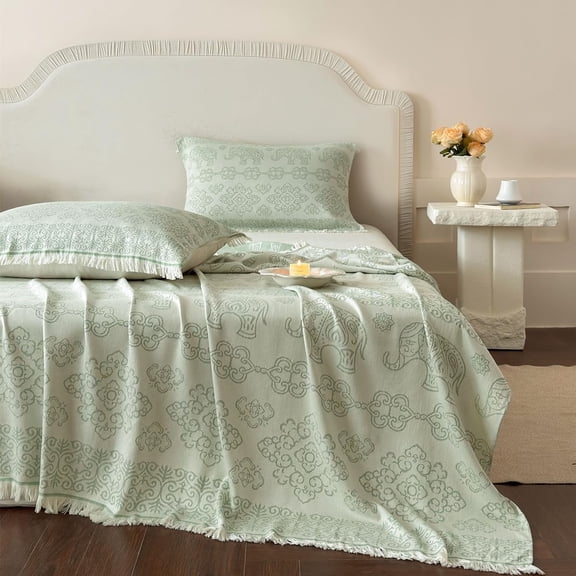 CinYana 100% Cotton Boho Throw Blanket, Luxury Soft Bed Blanket,Sage Green Vintage Blanket, Silky Blanket for Bed Couch Sofa, Reversible Blanket with Fringes,80" x 90"(Sage Green,Queen)