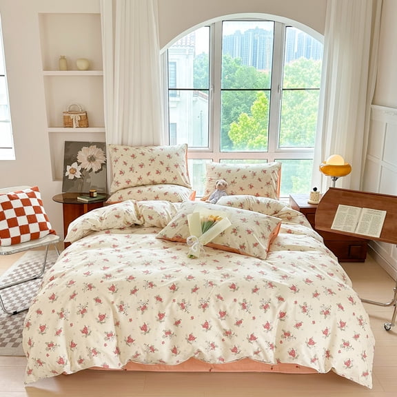 CinYana 100% Cotton Floral Duvet Cover Set 3 PCS Chic Garden Bedding Set King Mini Floral Duvet Cover Reversible Floral Comforter Cover Soft Breathable for All Seasons (Beige,King)