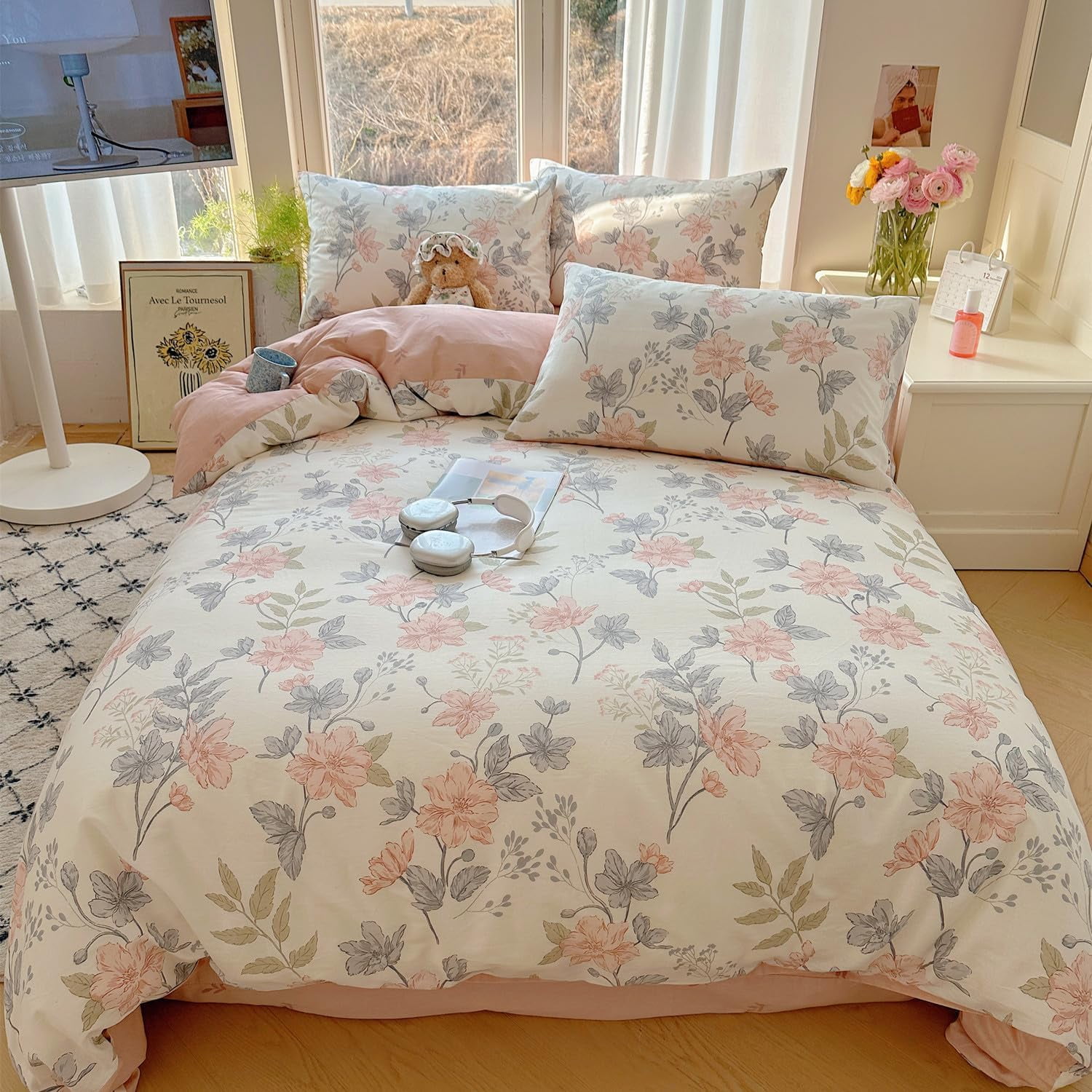 CinYana 100% Cotton Floral Duvet Cover Set 3 PCS Chic Garden Bedding