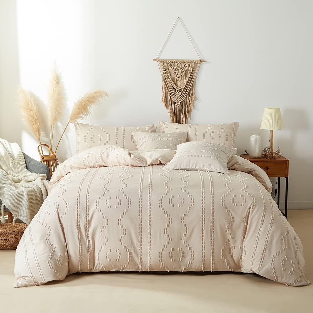 Beige California King Boho Embroidered 5-Piece Duvet Cover Set