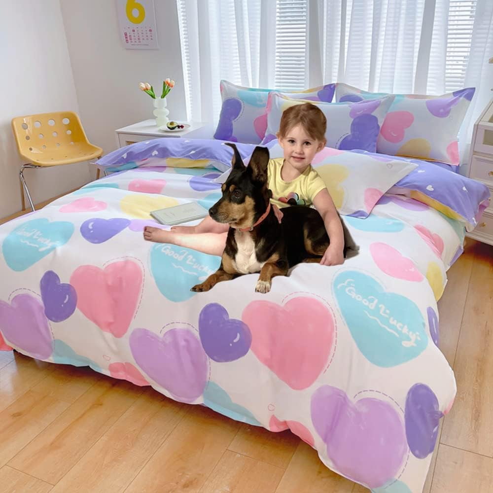 CinYana Colorful Love Heart Kids Duvet Cover,3 Pcs Kawaii Comforter Cover Set,Cute Bedding Set Zipper and 2 Pillowcase(Love,Full/Queen)