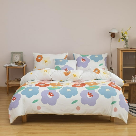 CinYana Fluffy Floral Duvet Cover Colorful Flowers King Size Bedding Sets 5 Piece Furry Fuzzy Comforter Cover Set