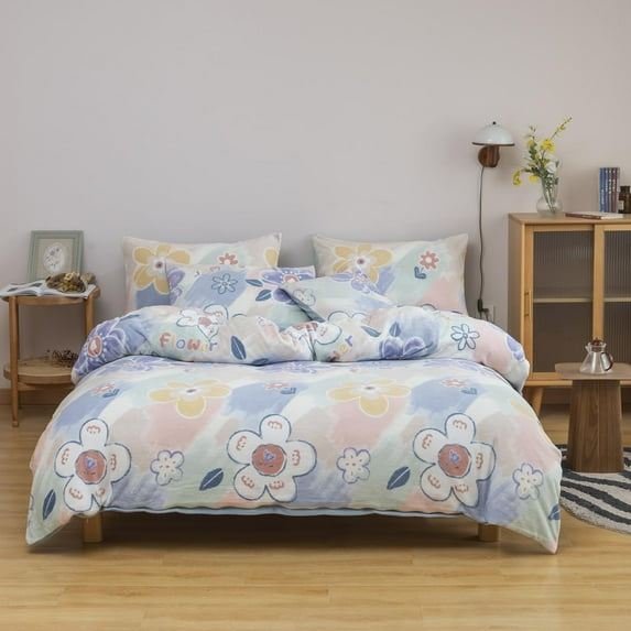 CinYana Fluffy Floral Duvet Cover Purple Flowers Duvet Cover Set 5 Piece Furry Fuzzy Comforter Cover Set King Size Bedding Sets