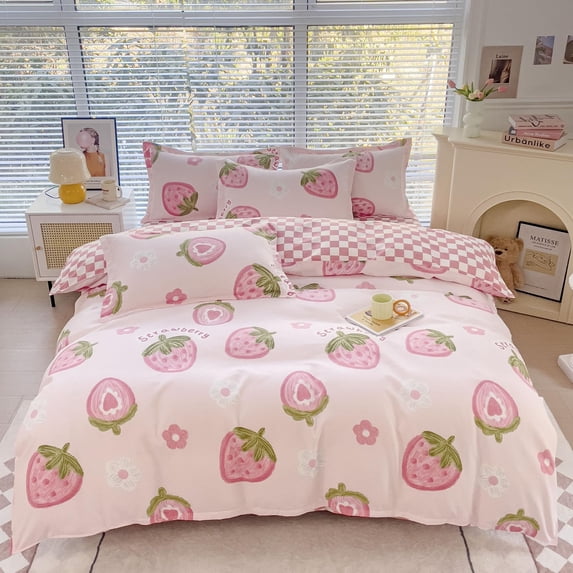 CinYana Pink Strawberry Duvet Cover,3 Pcs Kids Duvet Cover Set,Soft Reversible Comforter Cover,Kawaii Bedding Set for Girls Women Boys
