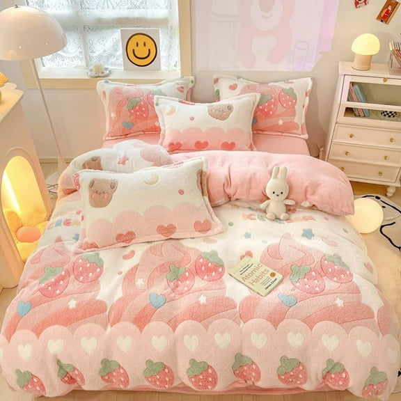 CinYana Pink Strawberry Duvet Cover Set Fluffy Duvet Cover Kawaii Cartoon Comforter Cover Twin Size Bedding Set