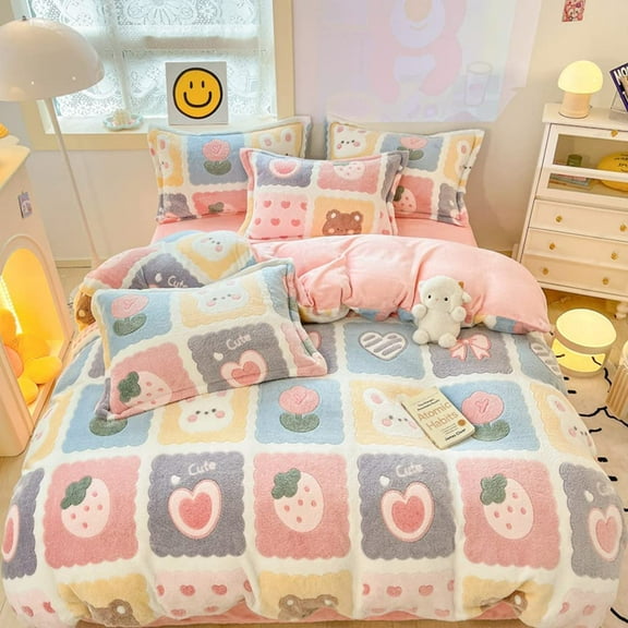 CinYana Plaid Duvet Cover Set Floral Duvet Cover Fluffy Comforter Cover Kawaii Cartoon Bunny Comforter Cover Twin Size Bedding Set