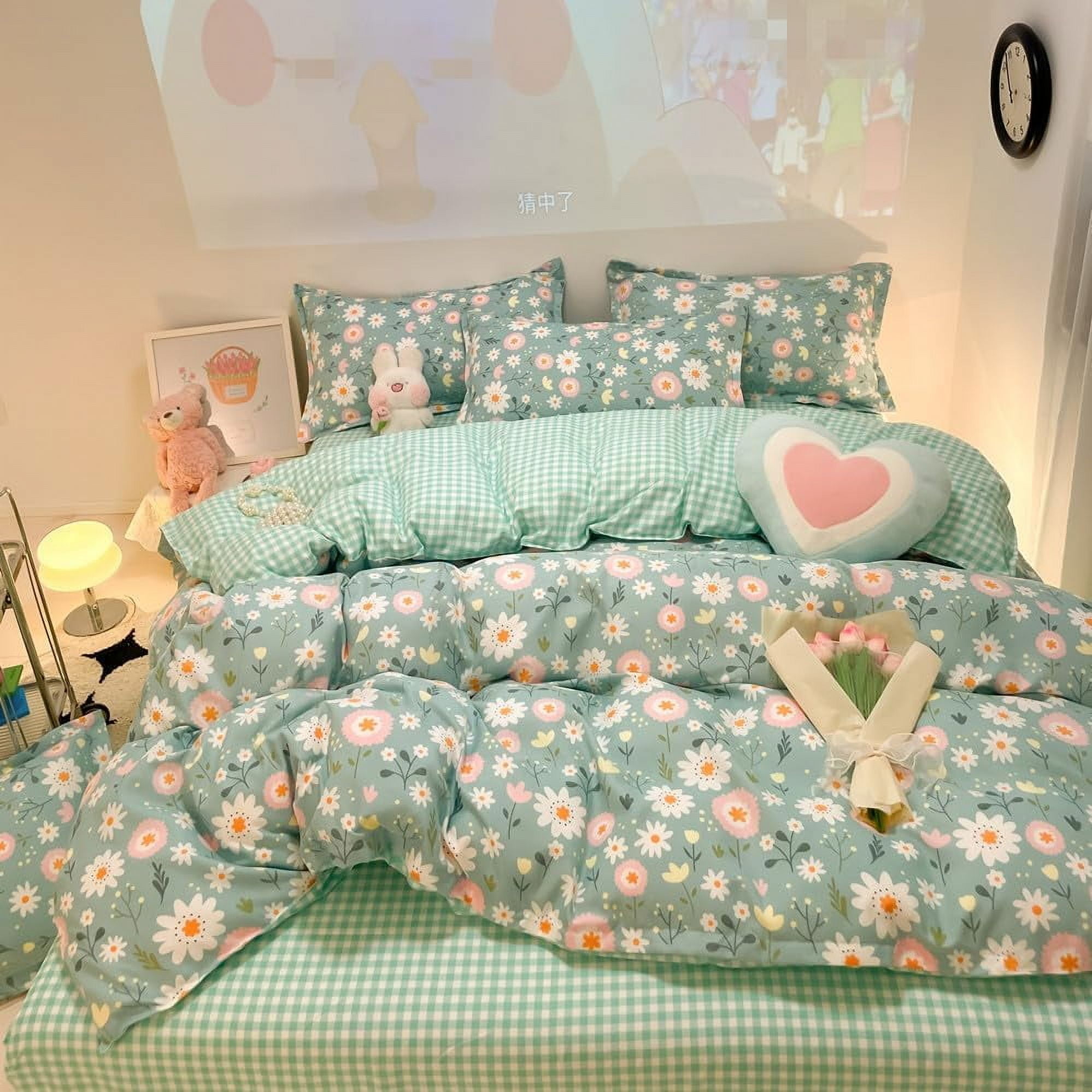 CinYana Sage Green Duvet Cover,Botanical Daisy Floral Duvet Cover Set,3 Pcs Kids Comforter Cover Set,Garden Flower Bedding Set,Soft Reversible for Girls Women Boys