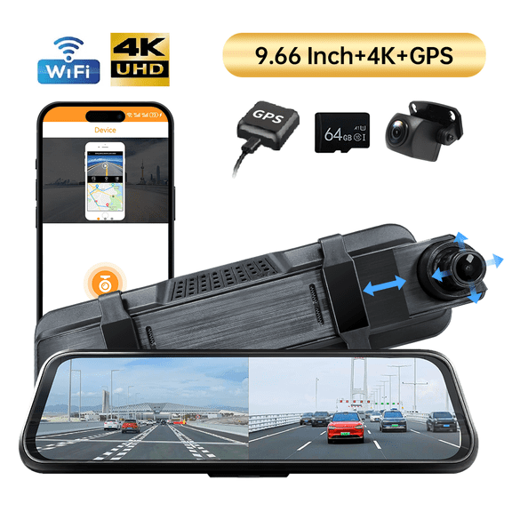 Cinandrow9.66 inch 4K HD Universal Mirror Dash Cam ,1080P Rear Camera/GPS/Free TF Card