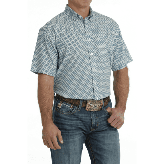Cinch Arenaflex White/teal Geo Print - Mens Shirt - Mtw1704134