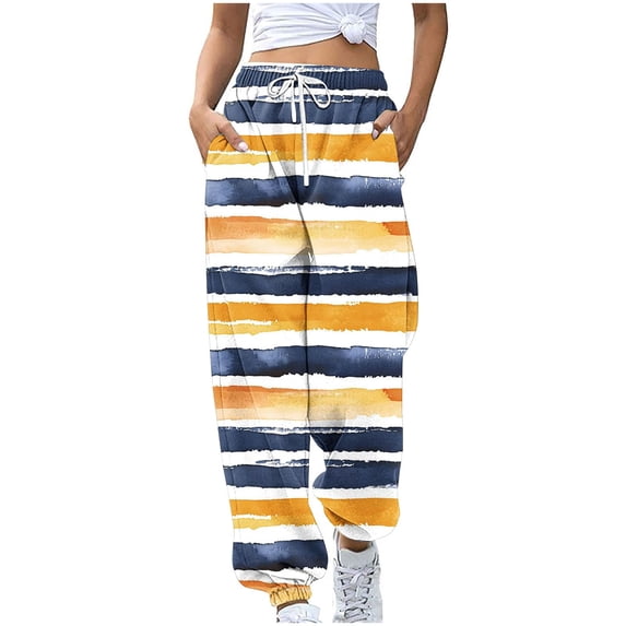Cinch Bottom Sweatpants Baggy High Waist Stripe Joggers with Pockets Workout Gym Athletic Lounge Trousers