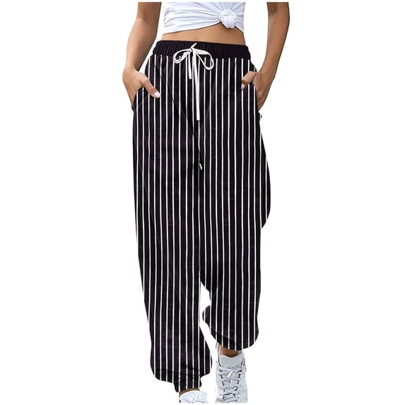Cinch Bottom Sweatpants Baggy High Waist Stripe Joggers with Pockets Workout Gym Athletic Lounge Trousers