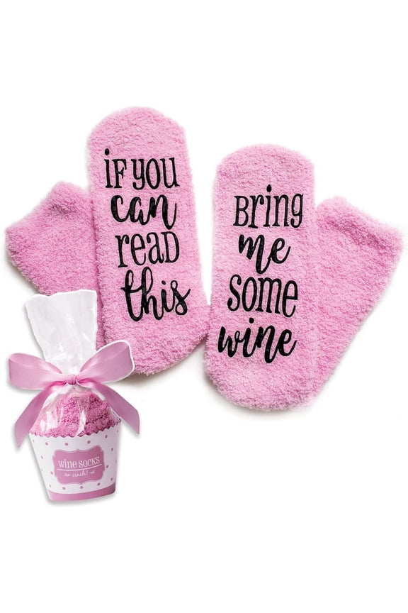 Luxury Fuzzy Wine Socks in Cupcake Gift Packaging: "If You Can Read This Bring Me Some Wine" | Novelty Fuzzy Socks for Women with Grips