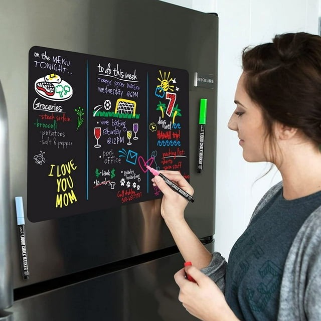 Cinch Black Dry Erase Board for Fridge with Bright Neon Chalk Markers 16x11" 4
