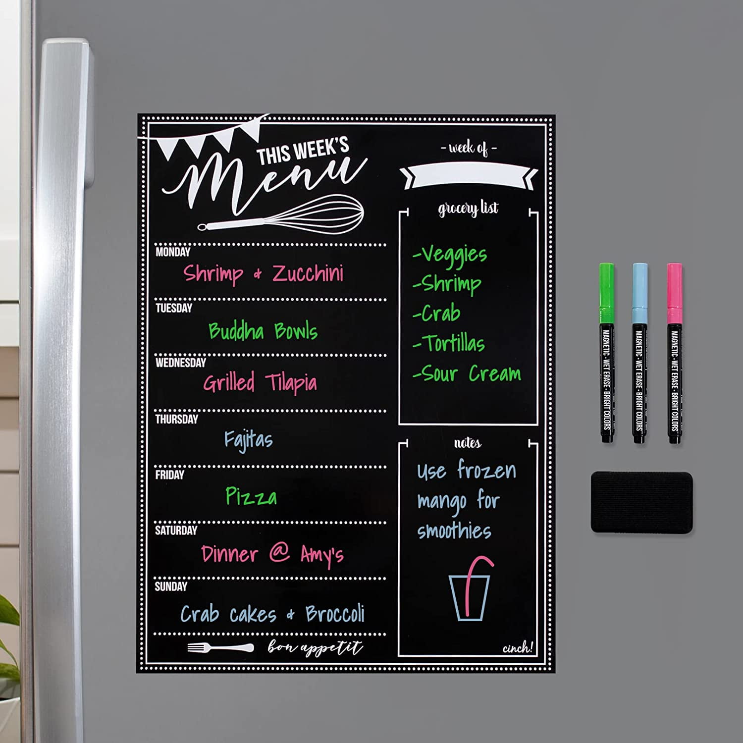 Cinch Magnetic Dry Erase Menu Board with Bright Neon Chalk Markers - 16x12  - Weekly Meal Planner Blackboard and Grocery List Notepad for Kitchen  Refrigerator - Chalkboard Magnet 