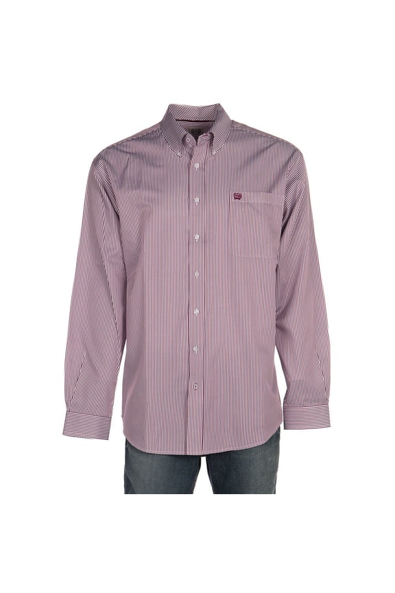 Cinch Men's Classic Fit Long Sleeve Button One Open Pocket Stripe Shirt, Burgundy, XL