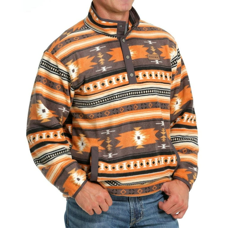 Cinch Men's Grey Orange Aztec Print Polar Fleece Pullover