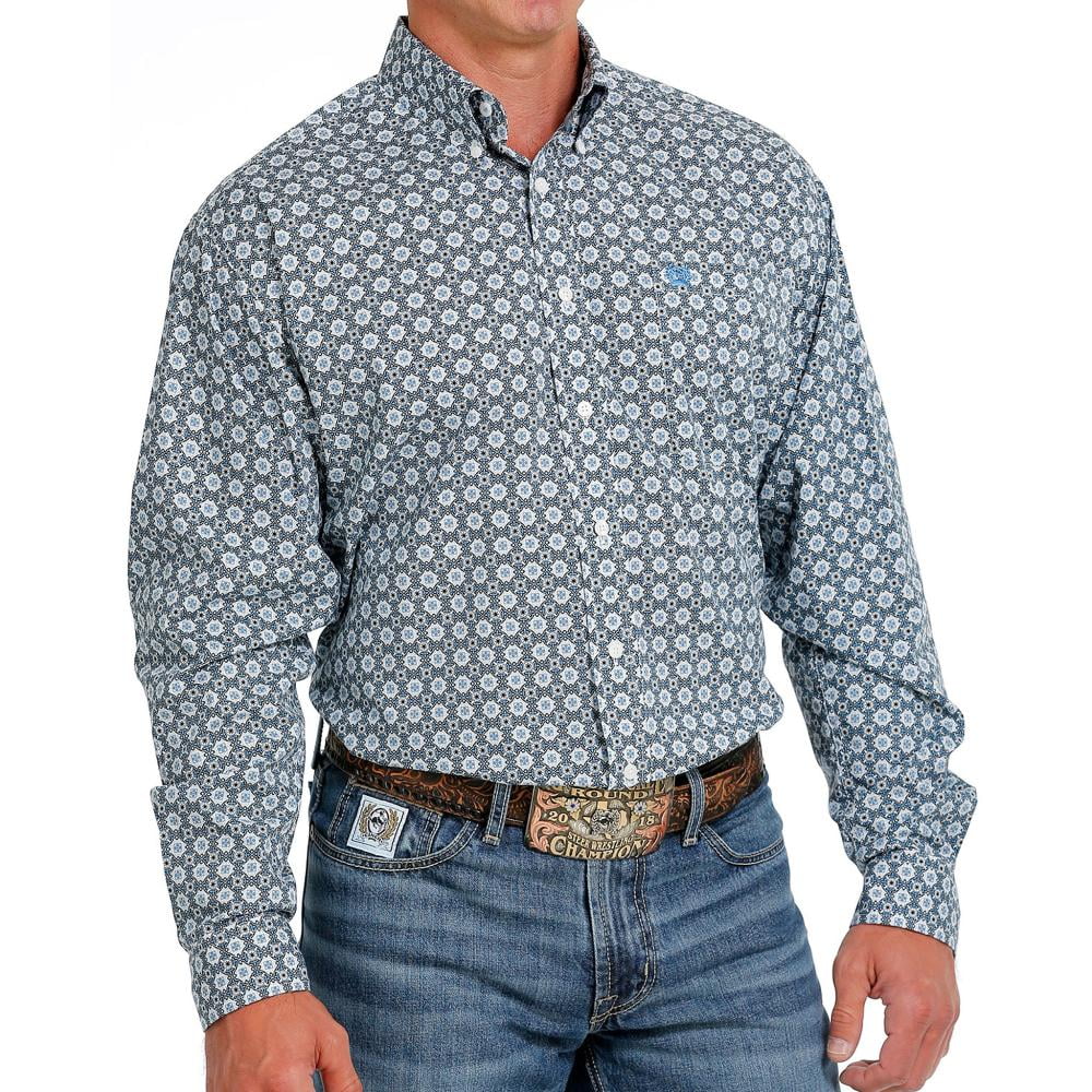 Men's Cinch Diamond Print Button-Down Western Shirt-White