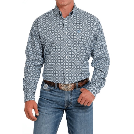 Cinch Men's Medallion Print Long Sleeve Button-Down Stretch Western Shirt Blue X-Small