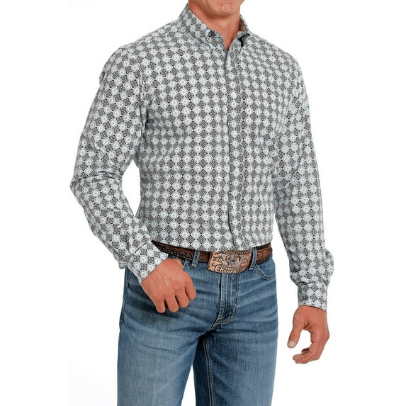 Cinch Men's Medallion Print Long Sleeve Button-Down Western Shirt Light Blue X-Small