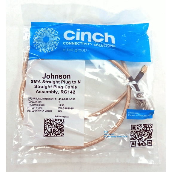 Cinch SMA Straight Plug to N Straight Plug Cable RG142 415-0061-036