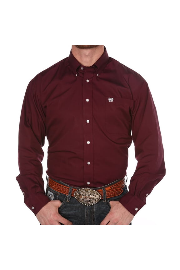 Cinch Mens Classic Fit Long Sleeve Button Open Pocket Solid Basic Shirt, Burgundy