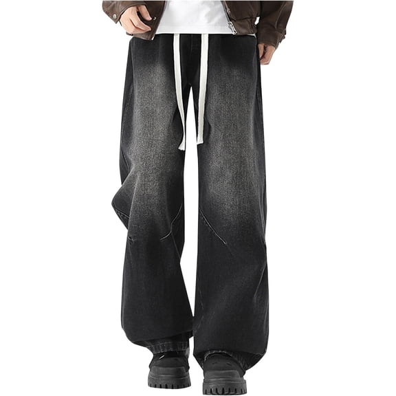 Cinch Waist Jeans for Women Denim Jeans Casual Denim Pants Loose Straight Leg Trousers Style Wide Fit Streetwear Comfortable Everyday Wear