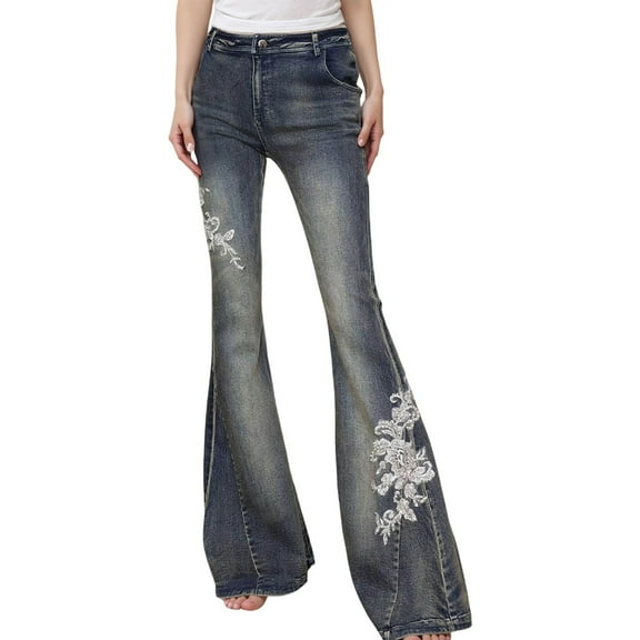 Cinch Waist Jeans for Women Denim Jeans Western Floral Embroidered Low Rise Bottom Denim Pants Distressed Casual Boho Streetwear Fashion