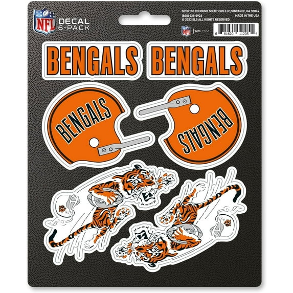 Cincinnati Bengals 6-Piece Decal Sticker Set, Vintage Retro Logo, 5x6 Inch Sheet, Gift for football fans for any hard surfaces around home, automotive, personal items