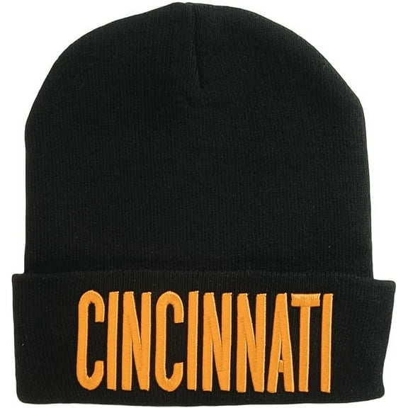 Cincinnati City Name Adult Size Winter Knit Cuffed Beanie Hat (Black/Orange)