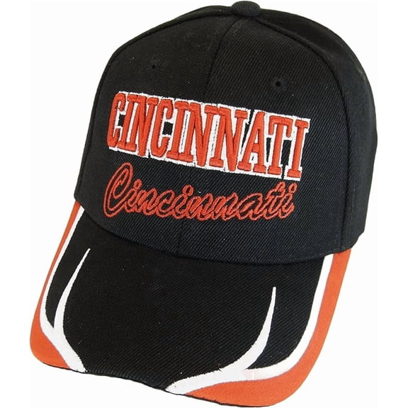 Cincinnati City Name Block and Script Lettering Baseball Cap with Embroidered Bill (Black/Red)
