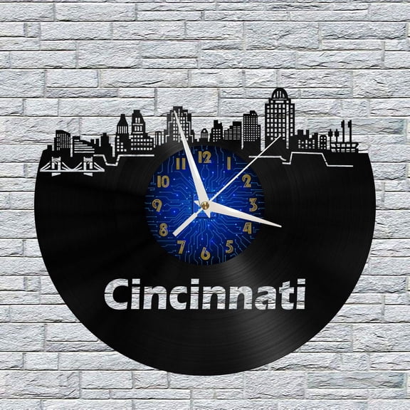 Cincinnati Cityscape 12 Inch Vinyl Record Wall Clock - Silent, Creative, and Unique Clock for Living Room, Entryway, or Bedroom Decor - Perfect Gift Idea(12 inchs B without LED)