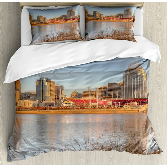 Cincinnati Duvet Cover Set King Size, A Vertical of City Horizon Bushes Daytime Calm Waters Exterior City Scenery, 3 Piece Bedding Set with 2 Pillow Shams, Multicolor, by Ambesonne