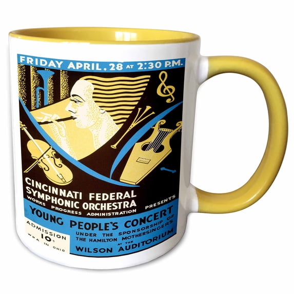 3drose, Cincinnati Federal Symphonic Orchestra Young Peoples Concert Poster, 15oz Two-tone Yellow Mug