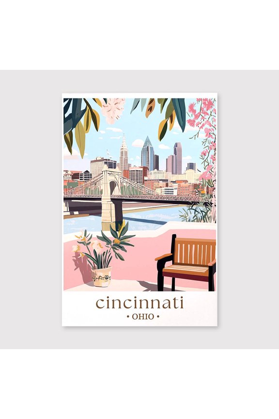 Cincinnati Ohio Art Print, Midwest Travel Canvas, Illustrated City Wall Decor