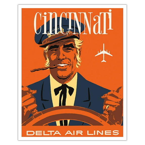 Cincinnati Ohio - Delta Air Lines - Riverboat Captain - Vintage Airline Travel Poster by John Hardy c.1960s - Fine Art Matte Paper Print (Unframed) 16x20in