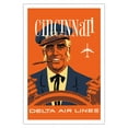 thumbnail image 1 of Cincinnati Ohio - Delta Air Lines - Riverboat Captain - Vintage Airline Travel Poster by John Hardy c.1960s - Fine Art Matte Paper Print (Unframed) 30x44in, 1 of 4
