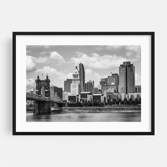 The Cincinnati Skyline 03 B&W - Cincinnati Ohio Photography City Skyline Black and White Bridge Architecture Travel Poster Black Framed Wall Art Print 5 x 7 inches