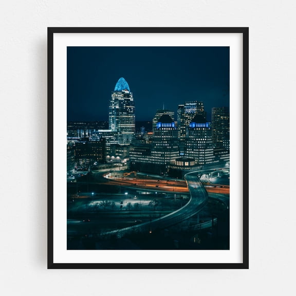 Cincinnati Skyline - Cincinnati Ohio Photography City Skyline Nightlife Architecture Bridge Modern Art Travel Poster Black Framed Wall Art Print 12 x 16 inches