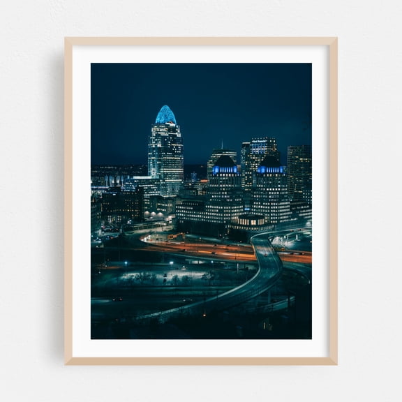 Cincinnati Skyline - Cincinnati Ohio Photography City Skyline Nightlife Architecture Bridge Modern Art Travel Poster Oak Framed Wall Art Print 6 x 8 inches