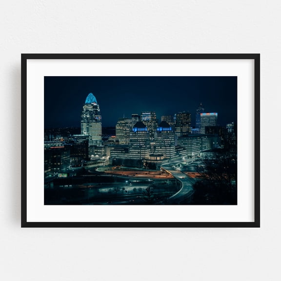 The Cincinnati Skyline - Cincinnati Ohio Photography Cityscape Skyline Nightlife Modern Art Architecture Night Sky Black Framed Wall Art Print 5 x 7 inches