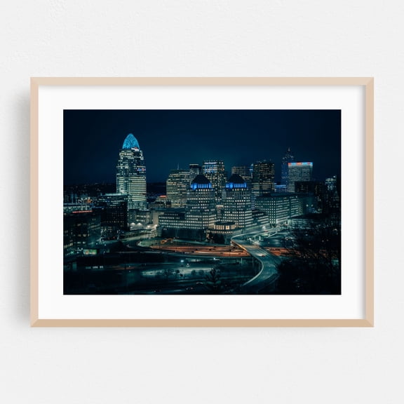 The Cincinnati Skyline - Cincinnati Ohio Photography Cityscape Skyline Nightlife Modern Art Architecture Night Sky Oak Framed Wall Art Print 5 x 7 inches