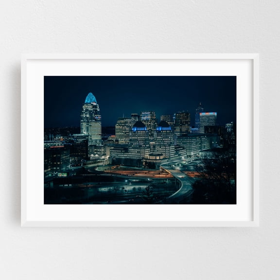 The Cincinnati Skyline - Cincinnati Ohio Photography Cityscape Skyline Nightlife Modern Art Architecture Night Sky White Framed Wall Art Print 5 x 7 inches