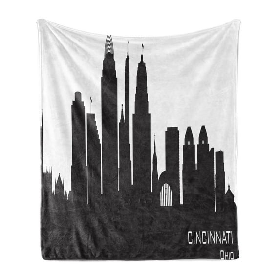 Cincinnati Soft Flannel Fleece Blanket, Details Towers Modern Outline Panorama Downtown Skyline Shady Contour, Cozy Plush for Indoor and Outdoor Use, 50" x 70", Charcoal Grey White, by Ambesonne